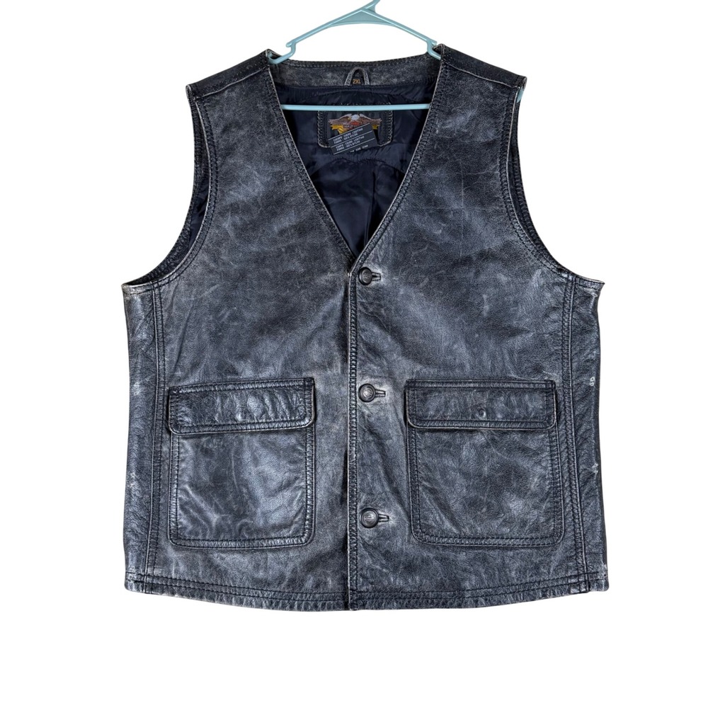Harley-Davidson Mens 2XL Distressed Black Leather Biker Vest Milwaukee Patch